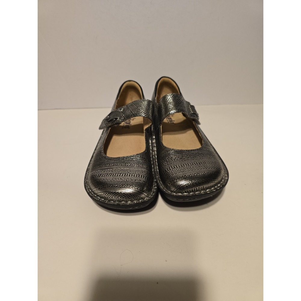 Alegria Paloma Metallic Silver Embossed Leather Mary Jane Clog Shoes Womens US 8